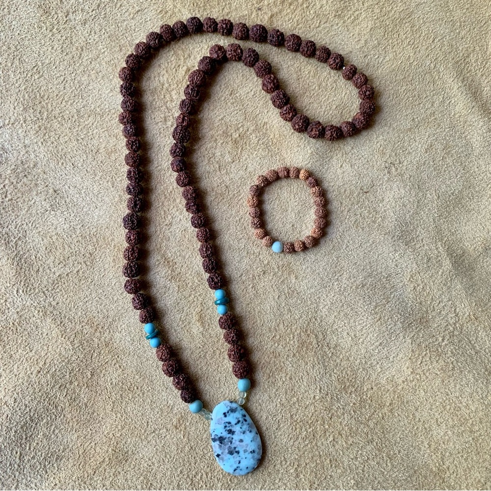 Rudraksha Blue Stone Mala Bead Necklace Bracelet Set